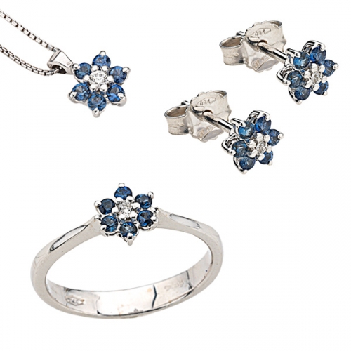 Parure Anello, Ciondolo e Orecchini Modello Fiore con Diamanti e Zaffiri