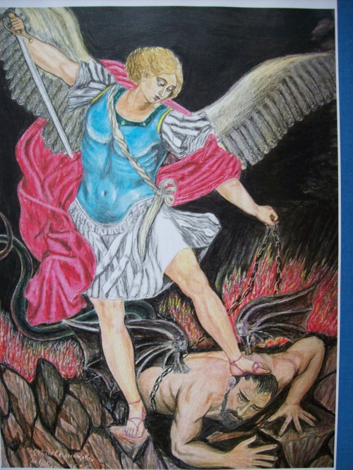da G. Reni "San Michele Arcangelo" matite colorate su carta cm 35 x 50