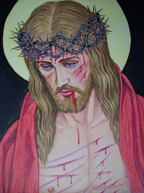 "Gesu Cristo coronato di spine" matite colorate su carta cm 24 x 33